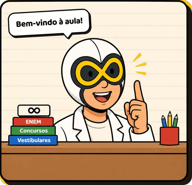 Professor M. em sua mesa de aula, dizendo Bem-vindo à aula, com livros de ENEM, concursos e vestibulares